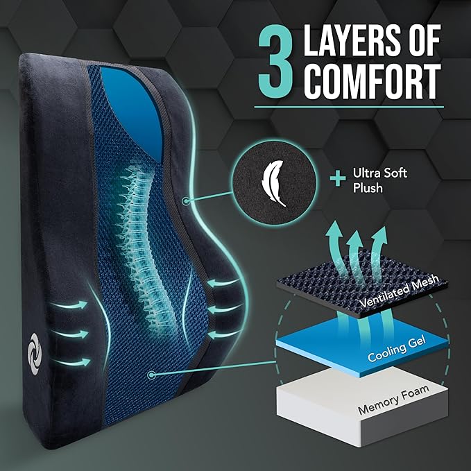 Samsonite Lumbar Support Pillow – Ergonomic Back Rest for Office Chair & Car Seat, Memory Foam Cushion for Lower Back Pain Relief, Breathable Mesh, Adjustable Strap, Black/Blue Mesh