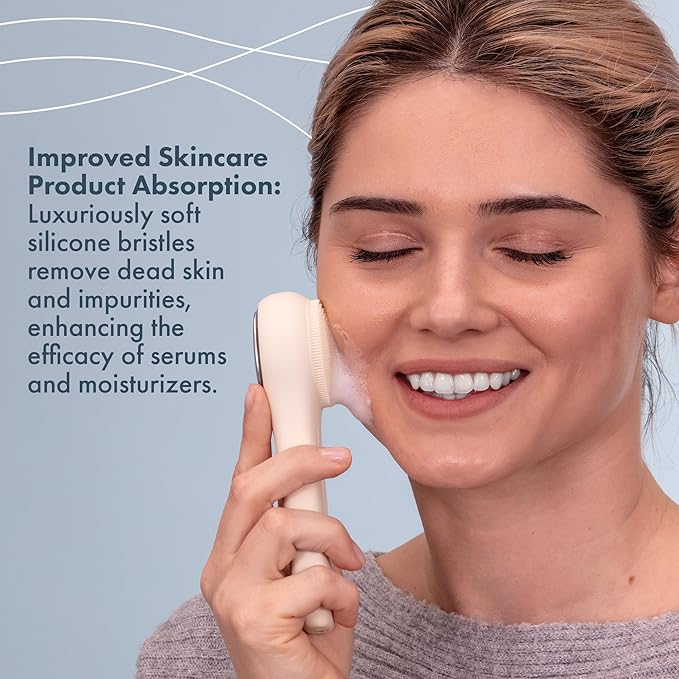 Facial Cleansing Brush, Rechargeable Electric Face Scrubber, Waterproof Silicone Face Brush Cleanser w/Fast USB-C Charger, Massaging & Exfoliating Face Wash Brush for Men & Women (Beige)