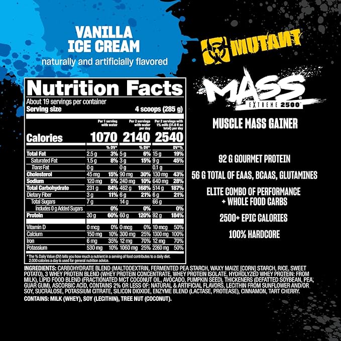Mutant Mass Extreme Gainer – Whey Protein Powder – Build Muscle Size and Strength – High Density Clean Calories (Vanilla Ice Cream, 12 lbs)