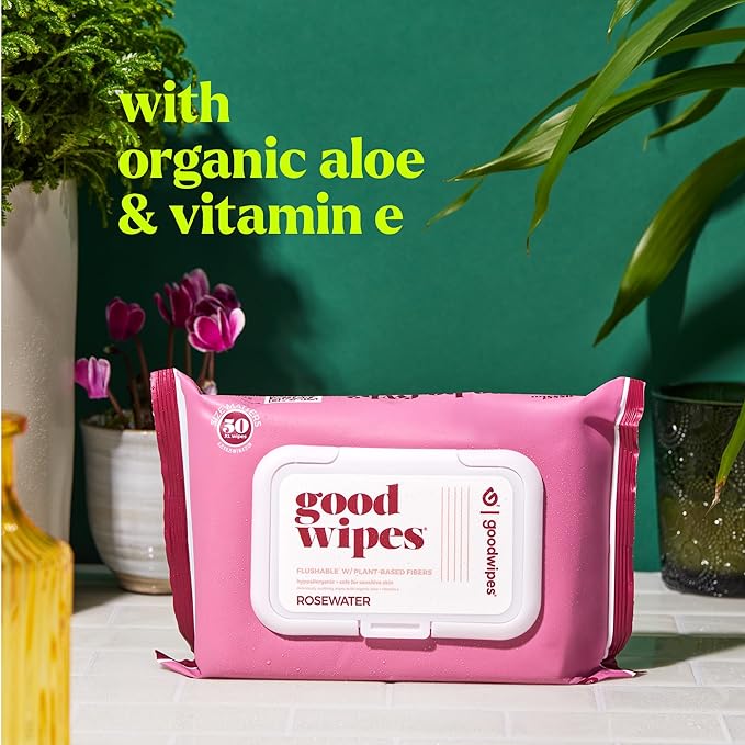 goodwipes Flushable Butt Wipes - Extra Large Adult Wet Wipes For Women & Men - Bathroom Essentials - Sewer & Septic Safe - Rosewater, 153 Count (3 Packs + 3 Individually Wrapped)
