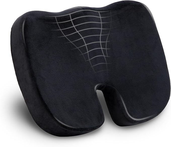 Mind Reader Memory Foam Seat Cushion, Air-Cloud Technology, Ergonomic Pressure Relief for Office, Car, and More, Relieves Hip, Tailbone, Coccyx & Sciatica Pain, 18" L x 13.5" W x 2.75" H, Black