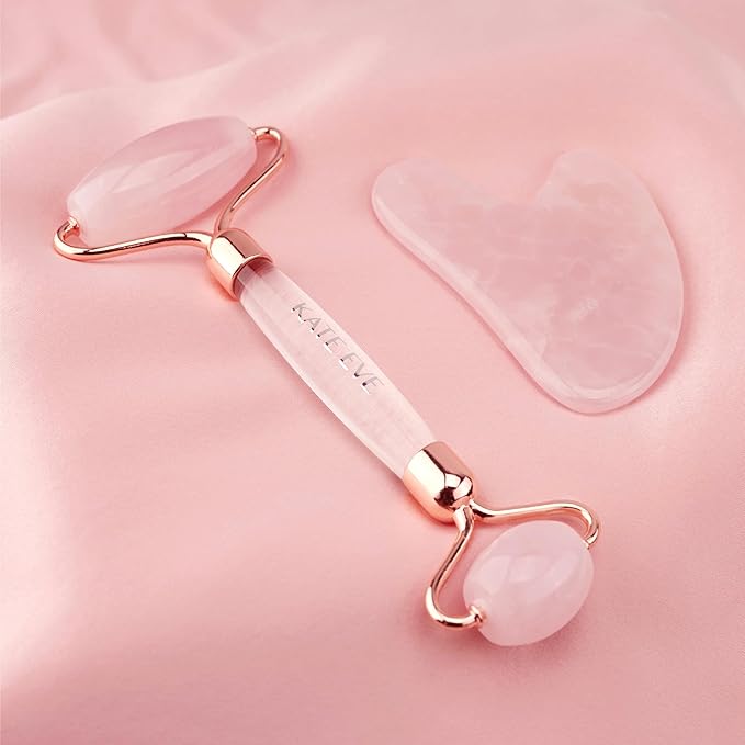 Kate Eve Rose Quartz Roller & Gua Sha Tool | 100% Natural Crystal Facial Massager for All Skin Types | Anti-Aging, Skincare Routine Essential, Reduces Puffiness & Firms Skin