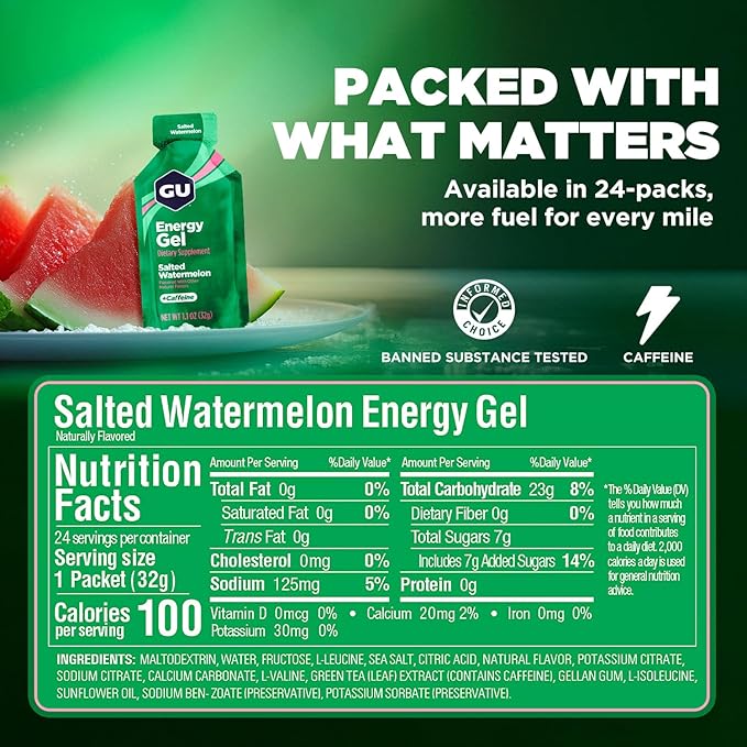 GU Energy Original Sports Nutrition Energy Gel, Vegan, Gluten-Free, Kosher, and Dairy-Free On-the-Go Energy for Any Workout, 24-Count, Salted Watermelon
