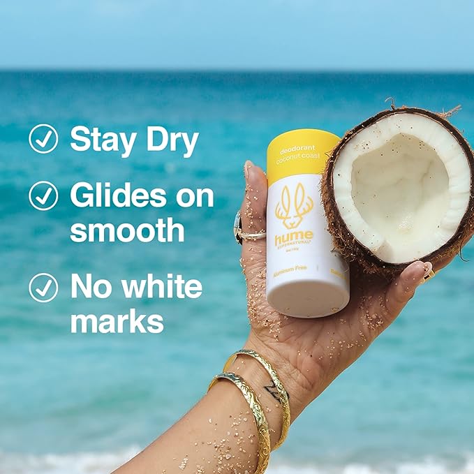 Hume Supernatural Aluminum Free Deodorant for Women & Men - Safe for Sensitive Skin - Probiotic, Plant-Based, Baking Soda Free, Aloe, & Cactus Flower, Anti Sweat, Stain & Odor - Coconut Coast 3-Pack
