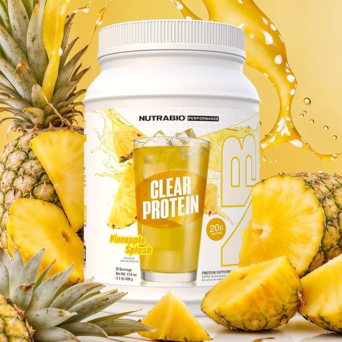 NutraBio Clear Whey Isolate Protein Powder, Delicious & Refreshing Fruit Flavors, Protein Juice, No Milky Taste, No Foam, Zero Sugar, Pineapple Splash, 20 Servings