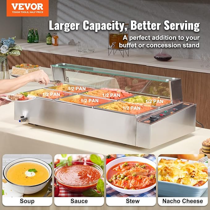 VEVOR 6-Pan Commercial Food Warmer, 6 x 8QT Electric Steam Table with Glass Cover, 1500W Countertop Stainless Steel Buffet Bain Marie 86-185°F Temp Control for Catering, Restaurants, Silver