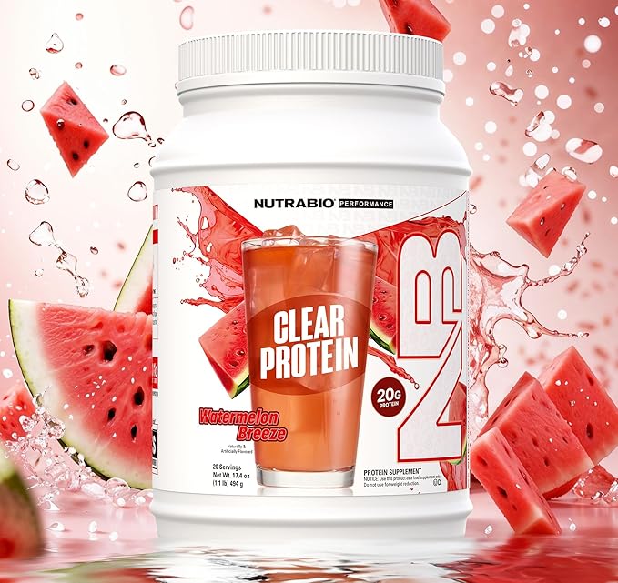 NutraBio Clear Whey Isolate Protein Powder, Delicious & Refreshing Fruit Flavors, Protein Juice, No Milky Taste, No Foam, Zero Sugar, Watermelon Breeze, 20 Servings