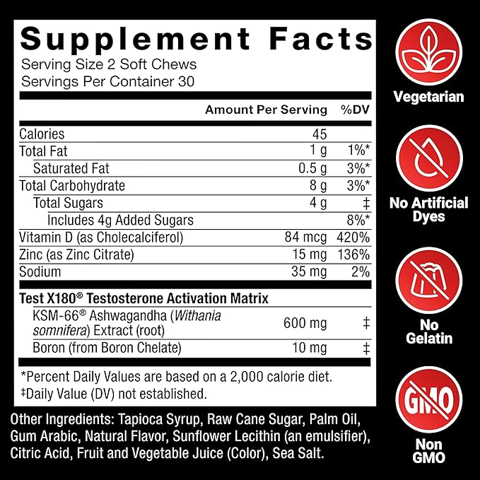 FORCE FACTOR Test X180, Testosterone Support for Men with Clinically Studied KSM-66 Ashwagandha, Boron, Vitamin D & Zinc, Support Testosterone & Performance, Berry Blast, 60 Soft Chews
