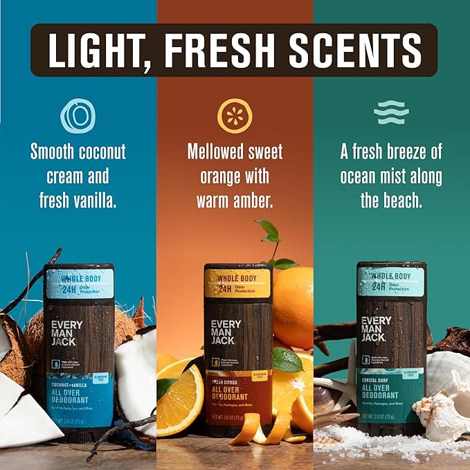 Every Man Jack All Over Deodorant Variety Pack - 24 Hour Whole Body Odor Protection - Aluminum Free - 1 Each of Fresh Citrus, Coastal Surf, and Coconut Vanilla Scents - 2.6 oz (3 Pack)