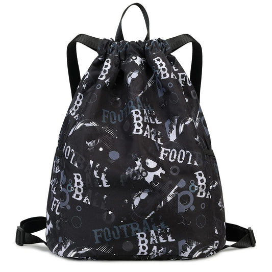 Ryushoyo Drawstring Backpack Gym Backpack Sports Bag for Swim Women Men Workout Bag Draw String Back Sack for Soccer Beach Gear Letters Football Black