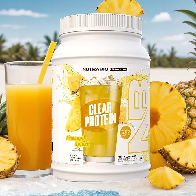 NutraBio Clear Whey Isolate Protein Powder, Delicious & Refreshing Fruit Flavors, Protein Juice, No Milky Taste, No Foam, Zero Sugar, Pineapple Splash, 20 Servings