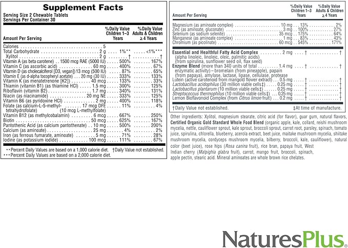NaturesPlus Animal Parade Gold Multivitamin Children’s Chewables - Cherry Flavor - 60 Chewable Animal-Shaped Tablets - with Vitamin D3, K2 & Probiotics - 30 Servings