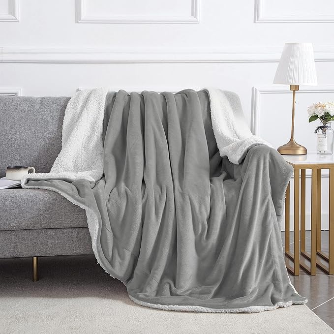 IR Imperial Rooms Sherpa Blankets Queen Size - Thick and Warm Blankets for Winter, Reversible Soft and Fuzzy Fluffy Queen Size Blanket for Bed, Light Grey, 90x90 Inches