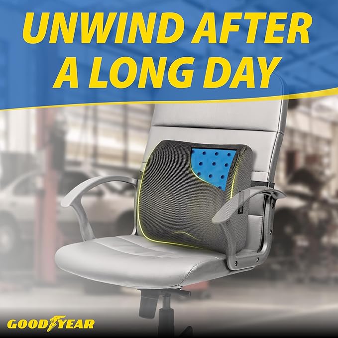 Goodyear Pure Memory Lumbar Support Pillow – Premium Memory Foam Back Support Cushion for Office Chair, Car Seat & Recliner – Ergonomic Lower Back Relief, Breathable Mesh Cover, Adjustable Strap