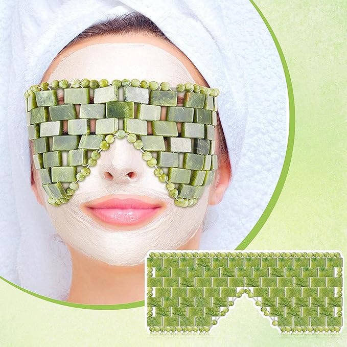Jade Eye Mask and Jade Roller Set, Jade Stone Face Mask and Facial Rollers Massager Skin Care Tool, Face and Eye Massager