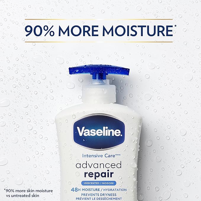Vaseline Intensive Care Body Lotion Advanced Repair Unscented 4 ct for Dry Skin with Ultra-Hydrating Lipids and Vaseline Jelly 20.3 oz