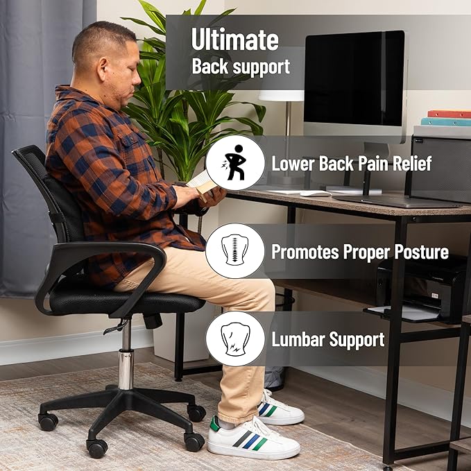 Mind Reader Lumbar Support Cushion for Office Chair and Car Seat, Memory Foam, Air-Cloud Technology, Posture Corrector, Versatile Lower Back Cushion, 13.5"L x 4"W x 12.25"H, Black