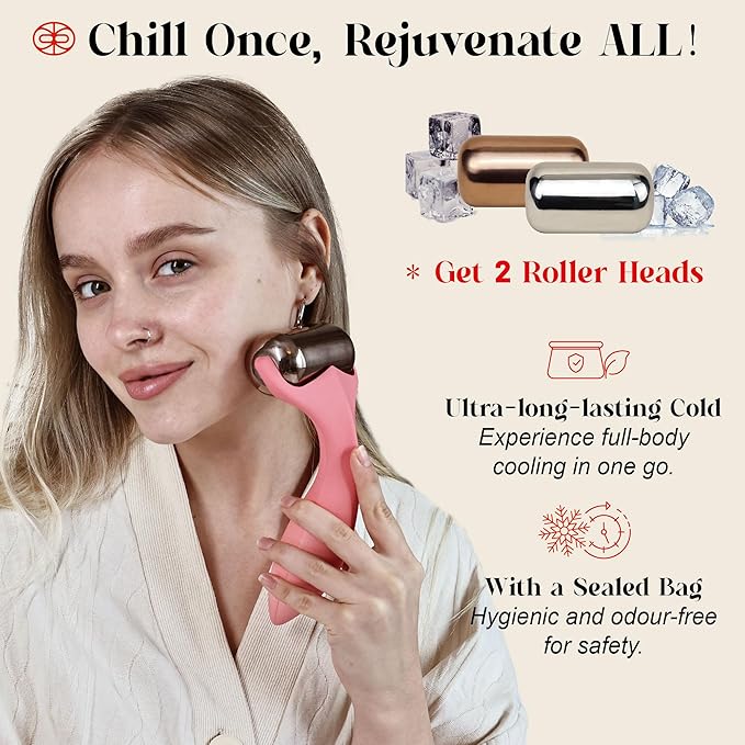 Rena Chris Ice Roller for Face & Body - 2 Stainless Steel Roller-Heads for Extended Cooling, Ice Face Roller for Clear Skin and Puffiness Relief - Face Massage Skin Care Roller