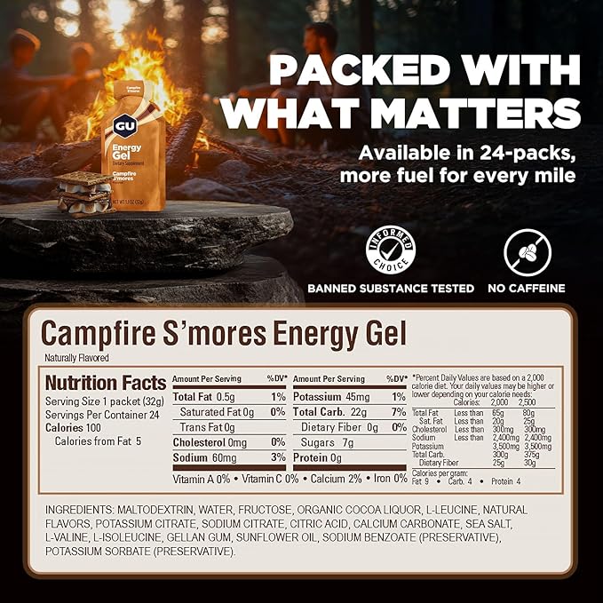 GU Energy Original Sports Nutrition Energy Gel, Vegan, Gluten-Free, Kosher, and Dairy-Free On-the-Go Energy for Any Workout, 24-Count, Campfire S'Mores