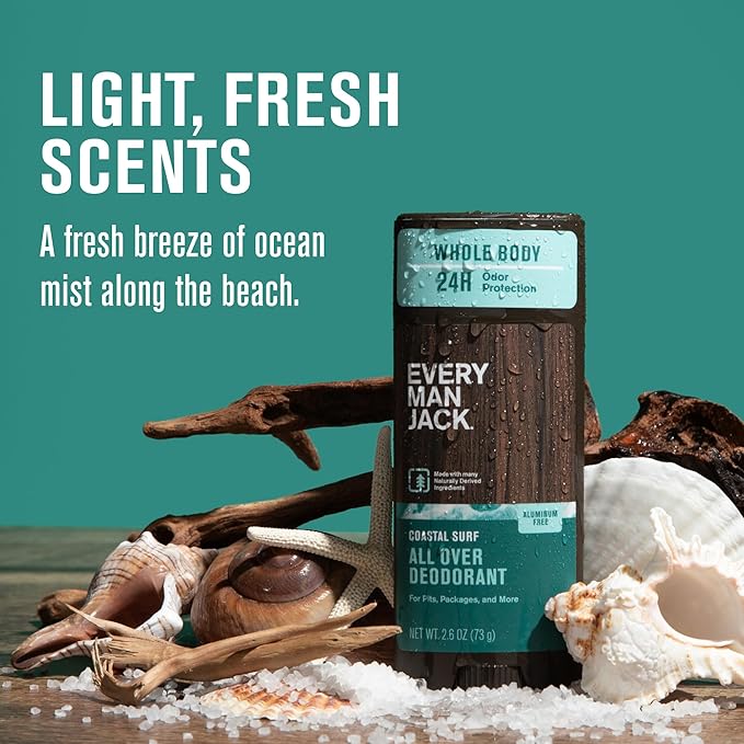 Every Man Jack All Over Deodorant - 24 Hour Whole Body Odor Protection - Aluminum Free - Coastal Surf Scent 2.6 oz (1 Pack)