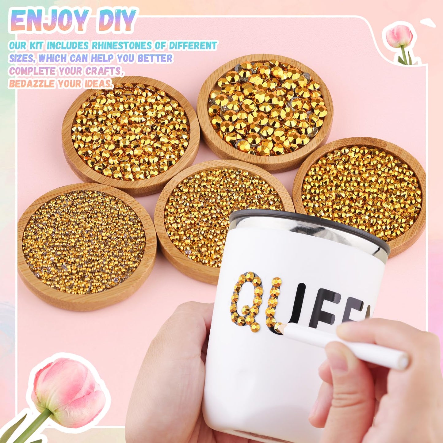 25000Pcs Resin Jelly Rhinestones with Tweezers for Crafting, 2-6mm Mixed Sizes (Copper Gold) Non Hotfix Flatback Gems, Bedazzling Crystal for DIY Crafts Clothing Tumblers Mugs Shoes Nail Art