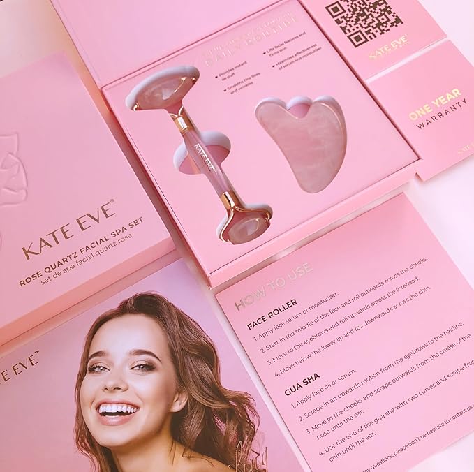 Kate Eve Rose Quartz Roller & Gua Sha Tool | 100% Natural Crystal Facial Massager for All Skin Types | Anti-Aging, Skincare Routine Essential, Reduces Puffiness & Firms Skin