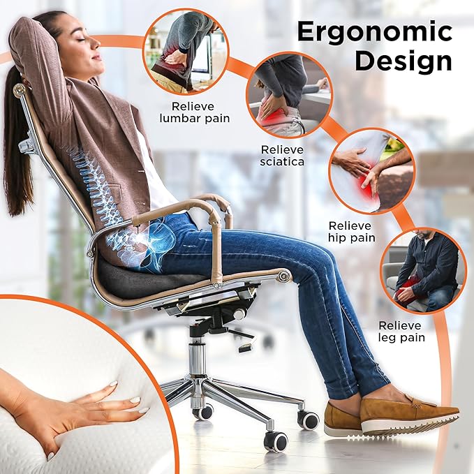 BLACK+DECKER High Back Tailbone Seat Cushion – Memory Foam Chair Cushion for Office, Car, Wheelchair & Airplane – Ergonomic, Non Slip, Breathable Mesh, Sciatic Pain Relief, Washable Cover, Black