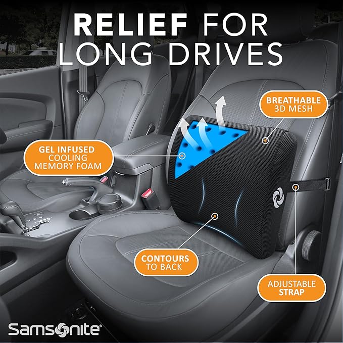 Samsonite Memory Foam Lumbar Support Pillow – Ergonomic Back Support Cushion for Car, Office Chair & Travel – Lower Back Cushion for Driving Comfort – Best Lumbar Pillow for Pain Relief