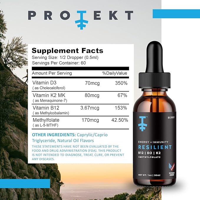 Resilient Vitamin D3 K2 B12 Drops - Liquid B12 K2 D3 Vitamin Supplement with Methylfolate, Liquid Drops for Energy & Recovery, Methy Folate for Sleep & Mood - Natural Berry 30mL