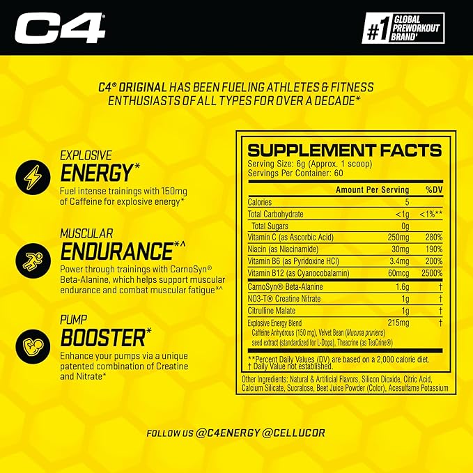 Cellucor C4 Original Pre Workout Powder Pink Lemonade Vitamin C for Immune Support Sugar Free Preworkout Energy for Men & Women 150mg Caffeine + Beta Alanine + Creatine 60 Servings