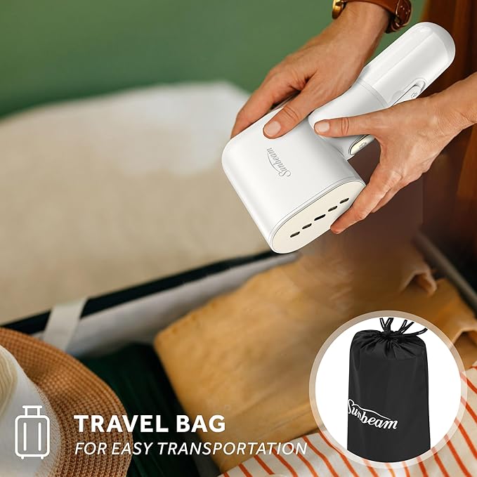 Sunbeam MiniPower 1000W Portable Garment Steamer – Nonstick Steam Plate, 125mL Tank, 8 Minutes Continuous Steam, Horizontal & Vertical Steam, 30-Second Heat-Up, 3-Year Limited Warranty