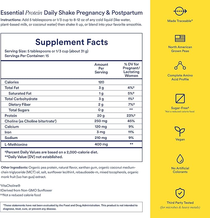 Ritual Prenatal Vegan Plant Based Protein Powder: Choline to Support Pregnancy, Postpartum, & Lactation, 20g Organic Pea Protein from Regenerative Farms in USA, Sugar Free†, Vanilla, 1 Lbs