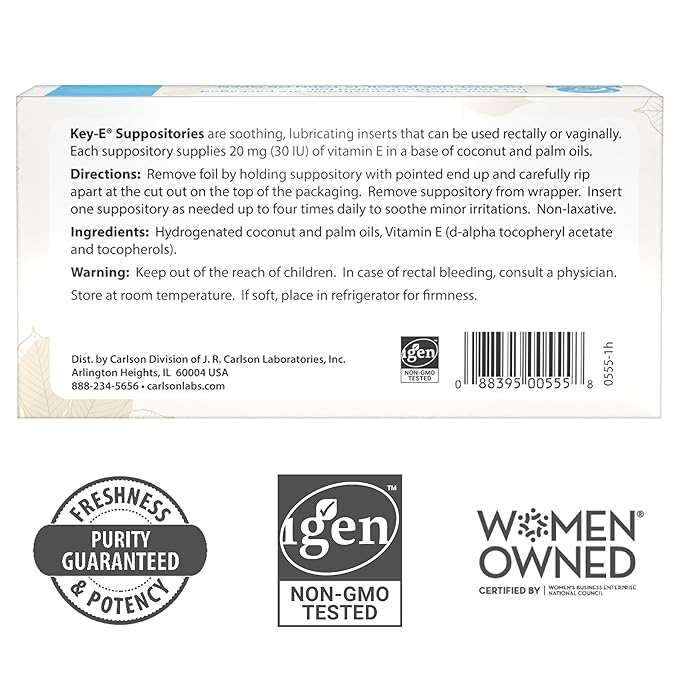 Carlson - Key-E Suppositories, 30 IU Vitamin E Suppository, Lubricates Dry Areas, Treatment for Women and Men, Vaginal & Rectal, 12 Count