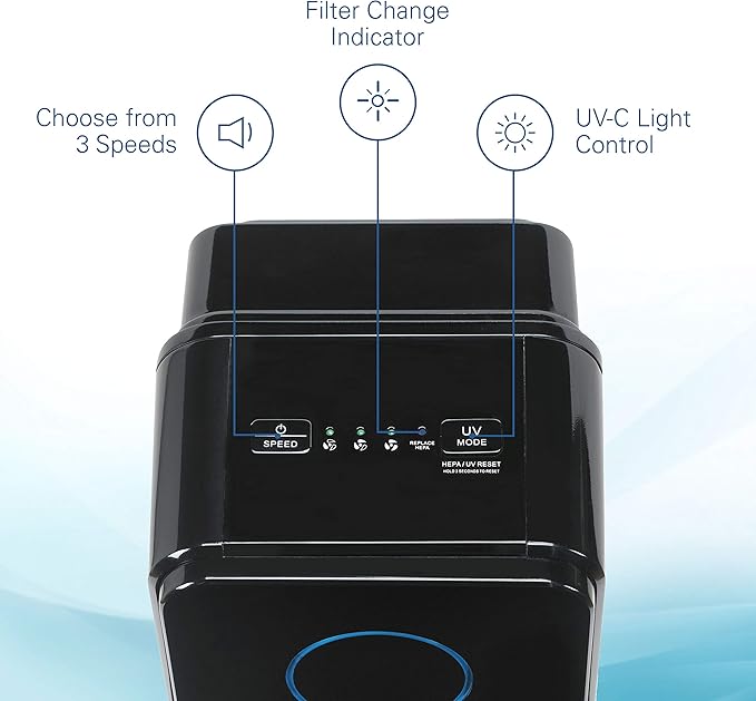 GermGuardian Air Purifier for Home with HEPA Pure Filter, UV-C Light Sanitizer, Eliminates Germs, Filters Allergens, Pollen, Smoke, Dust, Pet Dander, Mold, Odors, 28", Black, AC5300B
