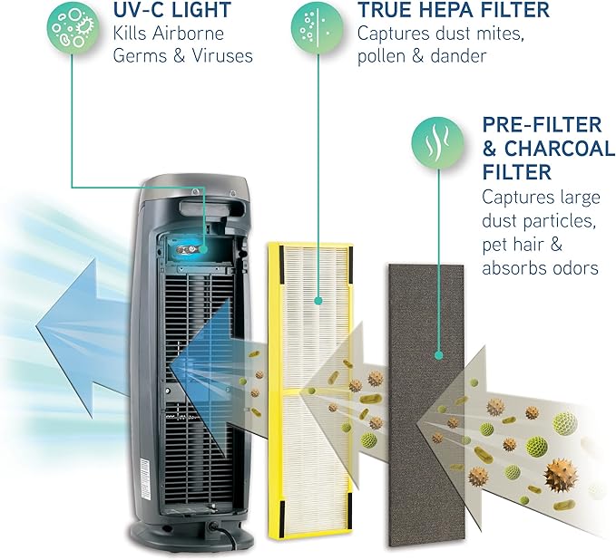 GermGuardian Air Purifier with HEPA Filter, 5-Speeds, Timer, Removes 99.97% of Pollutants, Covers Large Room up to 743 Sq. Foot Room in 1 Hr, UV-C Light Helps Reduce Germs, 22", Gray, AC4870