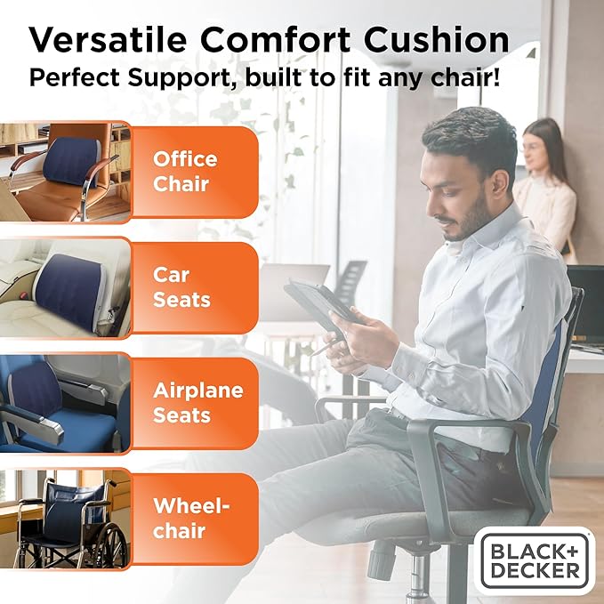 BLACK+DECKER Memory Foam Lumbar Support Pillow Lumbar Cushion with Multiple Massage Points for Office, Car, Wheelchair & Airplane Ergonomic, Pain Relief, Adjustable Strap, Washable Cover, Lt Blue/Grey