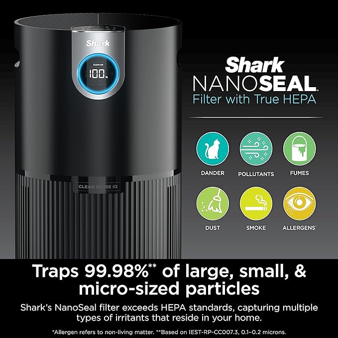 Shark Air Purifier for Home, Office, and Bedroom, Clean Sense Technology, HEPA Air Filter, 1200 Sq Ft, Captures 99.98% of Particles, Pet Dander, Pollutants, Dust, Smoke, Allergens & Smells, HP202