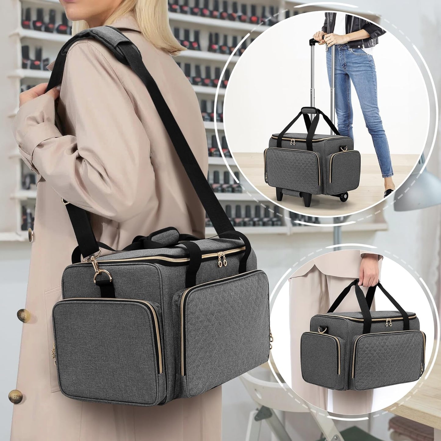 LUXJA Rolling Makeup Case with 3 Removable Pouches and 1 Makeup Brush Bag, Large Makeup Bag Cosmetic Bag with Detachable Dolly (Patented), Gray