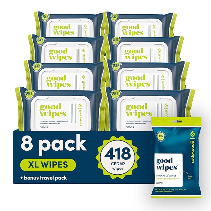 goodwipes Flushable Butt Wipes - Extra Large Adult Wet Wipes For Women & Men - Bathroom Essentials - Sewer & Septic Safe - Bathroom Essentials - Cedar, 418 Count (8 Packs + 1 Travel)