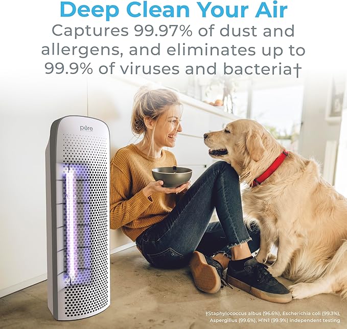Pure Enrichment PureZone Elite Air Purifier and Filter Bundle - True HEPA Large Room Tower with Air Quality Monitor, 4 Stage Filtration and UV-C Light, Helps Destroy Bacteria, Smoke, Pollen & Dust