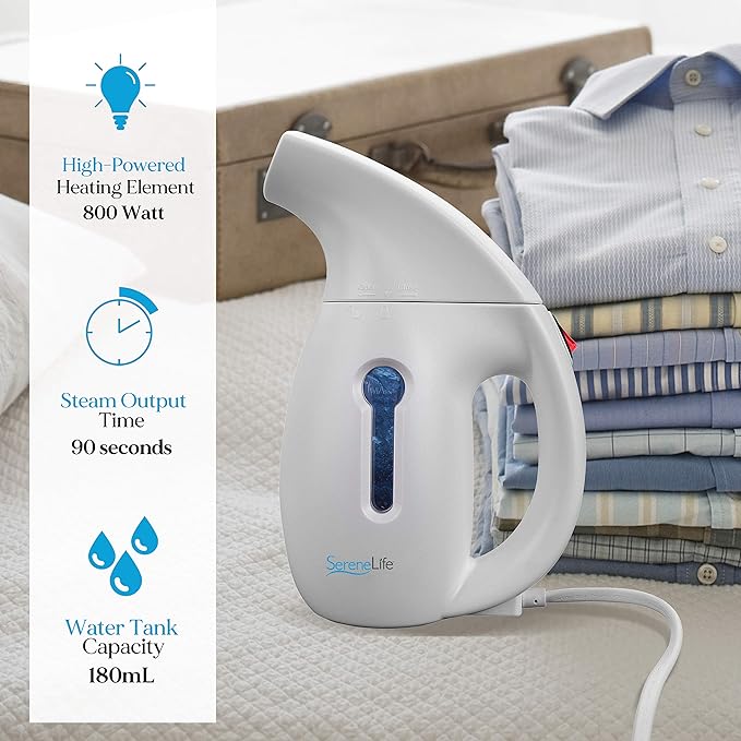 SereneLife Portable Handheld Fabric Steamer - 180ml Water Tank Capacity Compact Lightweight Travel Steamer Handheld Water Vapor Garment Steamer, Wrinkle Remover For Clothes Furniture Curtain - PSTMH17