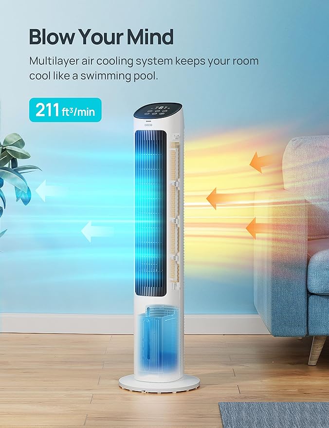 Dreo Evaporative Air Cooler, 40” Cooling Fan with 80° Oscillating, Humidifying, Removable Water Tank, Remote Control, 3 Speeds, 7H Timer, Personal Swamp Cooler, ‎White Cream, Large
