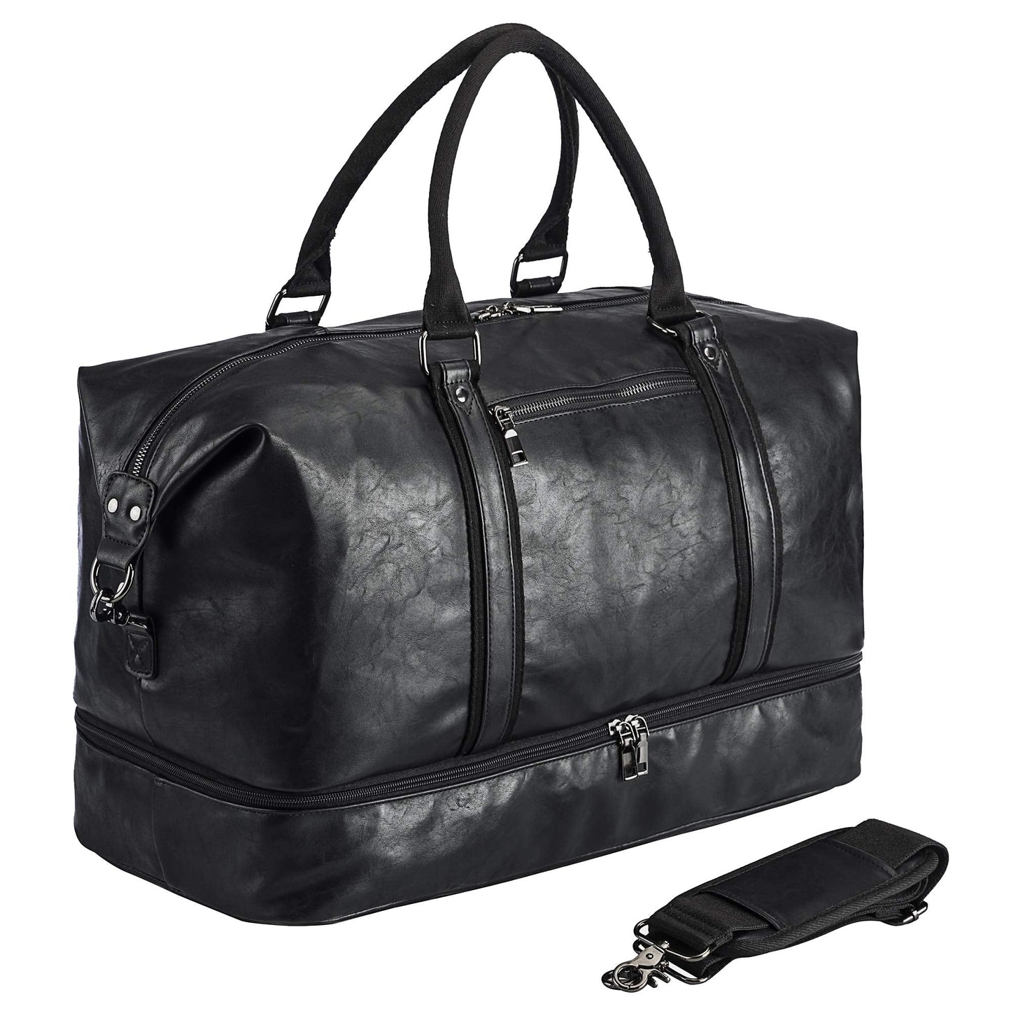 Leather Travel Bag with Shoe Pouch,Weekender Overnight Bag Waterproof PU Leather Large Carry On Bag Travel Tote Duffel Bag for Men or Women
