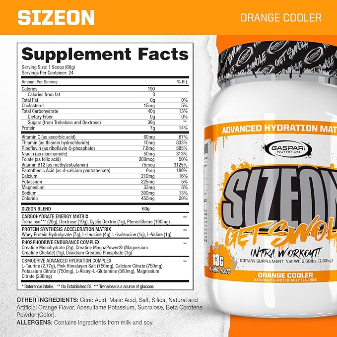 Gaspari Nutrition SizeOn, The Ultimate Hybrid Intra-Workout Amino Acid & Creatine Formula, Increased Muscle Volume & Muscle Recovery (Orange Cooler, 24 Servings)