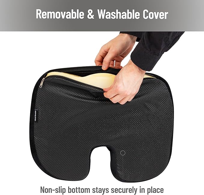 Mind Reader Memory Foam Seat Cushion, Air-Cloud Technology, Ergonomic Pressure Relief for Office, Car, and More, Relieves Hip, Tailbone, Coccyx & Sciatica Pain, 18" L x 13.5" W x 2.75" H, Black