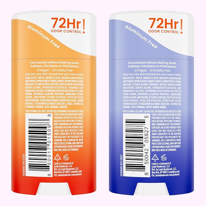 Lume Whole Body Deodorant - Invisible Cream Stick - 72 Hour Odor Control - Doctor Developed - Aluminum Free, Baking Soda Free and Skin Loving - 2.2 Ounce (2 pack) (Soft Powder & Clean Tangerine)