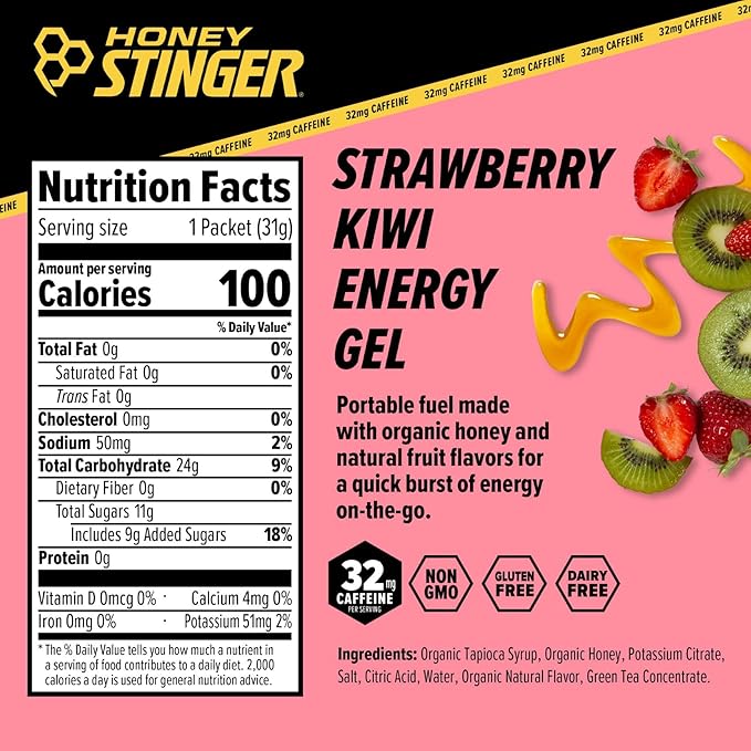 Honey Stinger Strawberry Kiwi Energy Gel | Caffeinated & Gluten Free with Organic Honey | For Exercise, Running and Performance | Sports Nutrition for Home & Gym, Pre and Mid Workout | 24 Pack