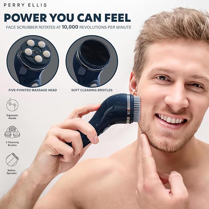 Perry Ellis 4-in-1 Cordless Facial Cleansing Brush & Facial Massager for Men | Face Brushes for Cleansing and Exfoliating | Face Massager, Facial Skin Care Products | Massage Tools w/ 4 Brush Heads