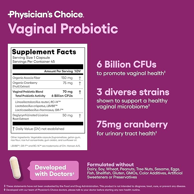 Physician's CHOICE Vaginal Probiotics for Women - pH Balance, Odor Control, Yeast Balance, Vaginal Flora & Feminine Health - 6B CFU with Organic Prebiotics and Cranberry Extract - 45 CT