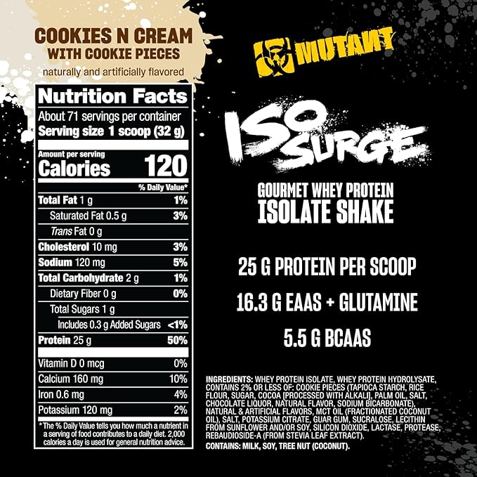 Mutant ISO Surge Whey Protein Isolate Powder Acts Fast to Help Recover, Build Muscle, Bulk and Strength, 1.6 lb (Cookies & Cream)